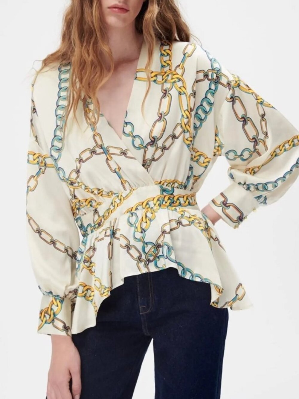 Zara Chain Print Wrap Peplum Blouse Long Sleeve Top NWT XS